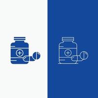 medicine. Pill. capsule. drugs. tablet Line and Glyph web Button in Blue color Vertical Banner for UI and UX. website or mobile application vector