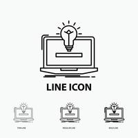 laptop. solution. idea. bulb. solution Icon in Thin. Regular and Bold Line Style. Vector illustration