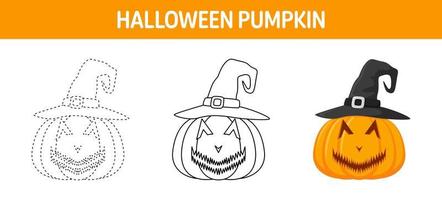 Pumpkin With Hat tracing and coloring worksheet for kids vector