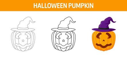 Pumpkin With Hat tracing and coloring worksheet for kids vector