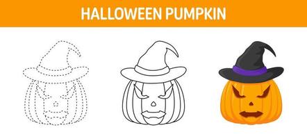 Pumpkin With Hat tracing and coloring worksheet for kids vector