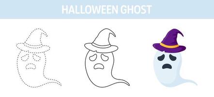 Ghost With Hat tracing and coloring worksheet for kids vector