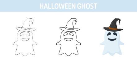 Ghost With Hat tracing and coloring worksheet for kids vector