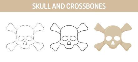 Skull And Crossbones tracing and coloring worksheet for kids vector