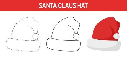 Santa Hat tracing and coloring worksheet for kids vector