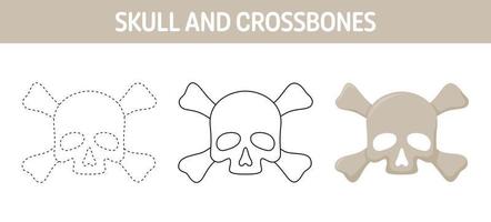 Skull And Crossbones tracing and coloring worksheet for kids vector