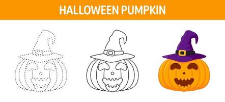 Pumpkin With Hat tracing and coloring worksheet for kids vector