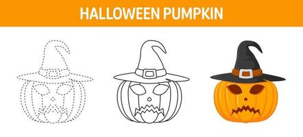 Pumpkin With Hat tracing and coloring worksheet for kids vector