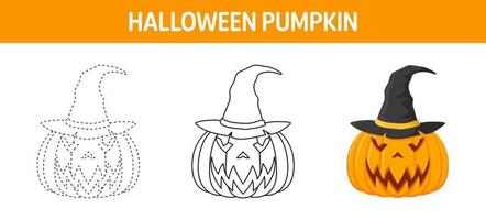 Pumpkin With Hat tracing and coloring worksheet for kids vector