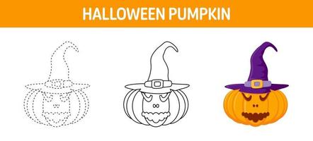 Pumpkin With Hat tracing and coloring worksheet for kids vector