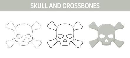 Skull And Crossbones tracing and coloring worksheet for kids vector