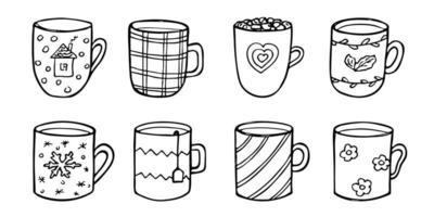 linda taza de té y café ilustración. imágenes prediseñadas de taza simple. acogedor conjunto de garabatos para el hogar vector