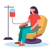 A young woman is sitting in a chair in the hospital and donating blood. The donor is in the hospital. Vector illustration in a flat style.