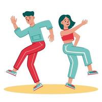 Group of young happy dancing people or male and female dancers isolated on white background. Smiling young men and women enjoying dance party. Colorful vector illustration in flat cartoon style.