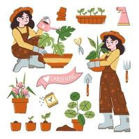 Funny happy girl taking care of houseplants growing in planters. Young cute woman cultivating potted plants at home. Female character enjoying her hobby. Flat cartoon colorful vector illustration.