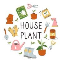 Collection of garden tools and plants. Gardening or horticulture concept. Design elements for print, packaging or stickers. Vector illustration.