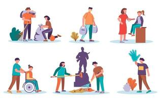 Recruitment of young volunteers. Collection of flat vector illustrations. Assistance to the homeless, garbage collectors, assistance to the disabled and elderly, medicine. The concept of volunteering.