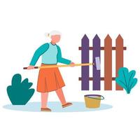 A Cartoonist Standing In Front Of A Painted Fence. A cute mascot character with a brush and a bucket of paint. Vector illustration in a flat style