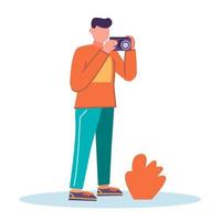 fotógrafos o paparazzi con cámaras digitales. los hombres toman fotos, pasatiempos y profesión, dispositivo moderno para fotografiar, ilustración vectorial en estilo plano vector