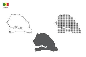 3 versiones del vector de la ciudad del mapa de senegal por estilo de simplicidad de contorno negro delgado, estilo de punto negro y estilo de sombra oscura. todo en el fondo blanco.