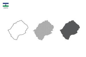 3 versiones del vector de la ciudad del mapa de lesotho por estilo de simplicidad de contorno negro delgado, estilo de punto negro y estilo de sombra oscura. todo en el fondo blanco.