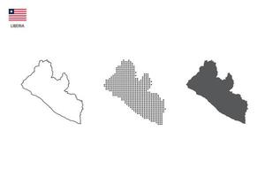 3 versiones del vector de la ciudad del mapa de liberia por estilo de simplicidad de contorno negro delgado, estilo de punto negro y estilo de sombra oscura. todo en el fondo blanco.