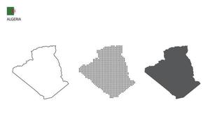 3 versiones del vector de la ciudad del mapa de argelia por estilo de simplicidad de contorno negro delgado, estilo de punto negro y estilo de sombra oscura. todo en el fondo blanco.