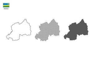 3 versions of Rwanda map city vector by thin black outline simplicity style, Black dot style and Dark shadow style. All in the white background.