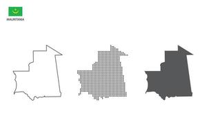 3 versiones del vector de la ciudad del mapa de mauritania por estilo de simplicidad de contorno negro delgado, estilo de punto negro y estilo de sombra oscura. todo en el fondo blanco.