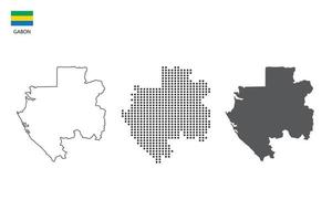 3 versions of Gabon map city vector by thin black outline simplicity style, Black dot style and Dark shadow style. All in the white background.