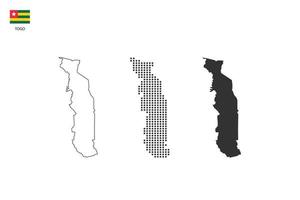 3 versiones del vector de la ciudad del mapa de togo por estilo de simplicidad de contorno negro delgado, estilo de punto negro y estilo de sombra oscura. todo en el fondo blanco.