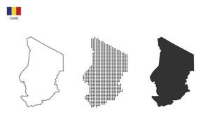 3 versiones del vector de la ciudad del mapa de chad por estilo de simplicidad de contorno negro delgado, estilo de punto negro y estilo de sombra oscura. todo en el fondo blanco.