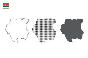 3 versiones del vector de la ciudad del mapa de surinam por estilo de simplicidad de contorno negro delgado, estilo de punto negro y estilo de sombra oscura. todo en el fondo blanco.