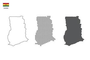 3 versiones del vector de la ciudad del mapa de Ghana por estilo de simplicidad de contorno negro delgado, estilo de punto negro y estilo de sombra oscura. todo en el fondo blanco.