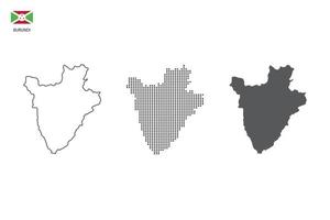 3 versiones del vector de la ciudad del mapa de burundi por estilo de simplicidad de contorno negro delgado, estilo de punto negro y estilo de sombra oscura. todo en el fondo blanco.