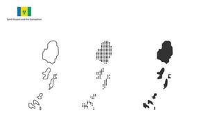 3 versions of Saint Vincent and the Grenadines map city vector by thin black outline simplicity style, Black dot style and Dark shadow style. All in the white background.