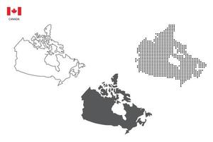 3 versiones del vector de ciudad de mapa de canadá por estilo de simplicidad de contorno negro delgado, estilo de punto negro y estilo de sombra oscura. todo en el fondo blanco.