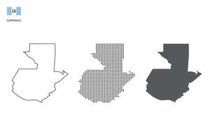 3 versions of Guatemala map city vector by thin black outline simplicity style, Black dot style and Dark shadow style. All in the white background.