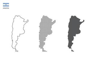 3 versiones del vector de la ciudad del mapa argentino por estilo de simplicidad de contorno negro delgado, estilo de punto negro y estilo de sombra oscura. todo en el fondo blanco.