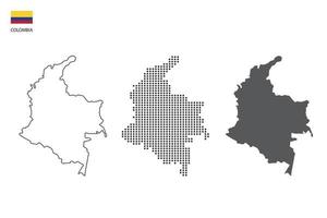 3 versiones del vector de la ciudad del mapa de colombia por estilo de simplicidad de contorno negro delgado, estilo de punto negro y estilo de sombra oscura. todo en el fondo blanco.