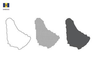 3 versiones del vector de ciudad de mapa de barbados por estilo de simplicidad de contorno negro delgado, estilo de punto negro y estilo de sombra oscura. todo en el fondo blanco.