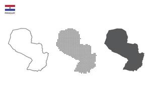 3 versiones del vector de ciudad de mapa de paraguay por estilo de simplicidad de contorno negro delgado, estilo de punto negro y estilo de sombra oscura. todo en el fondo blanco.