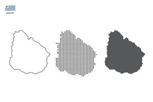 3 versiones del vector de la ciudad del mapa de uruguay por estilo de simplicidad de contorno negro delgado, estilo de punto negro y estilo de sombra oscura. todo en el fondo blanco.