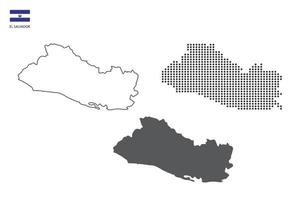 3 versiones del vector de la ciudad del mapa de el salvador por estilo de simplicidad de contorno negro delgado, estilo de punto negro y estilo de sombra oscura. todo en el fondo blanco.