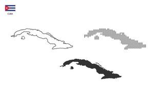 3 versions of Cuba map city vector by thin black outline simplicity style, Black dot style and Dark shadow style. All in the white background.