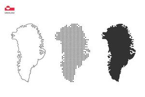 3 versions of Greenland map city vector by thin black outline simplicity style, Black dot style and Dark shadow style. All in the white background.