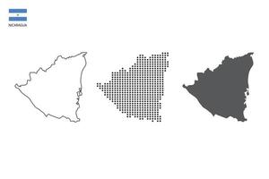 3 versiones del vector de la ciudad del mapa de nicaragua por estilo de simplicidad de contorno negro delgado, estilo de punto negro y estilo de sombra oscura. todo en el fondo blanco.