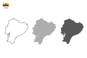 3 versiones del vector de la ciudad del mapa de ecuador por estilo de simplicidad de contorno negro delgado, estilo de punto negro y estilo de sombra oscura. todo en el fondo blanco.