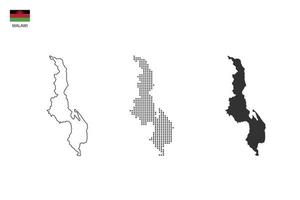 3 versiones del vector de la ciudad del mapa de malawi por estilo de simplicidad de contorno negro delgado, estilo de punto negro y estilo de sombra oscura. todo en el fondo blanco.