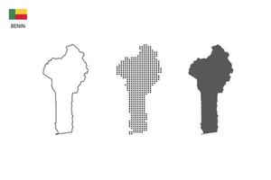 3 versions of Benin map city vector by thin black outline simplicity style, Black dot style and Dark shadow style. All in the white background.